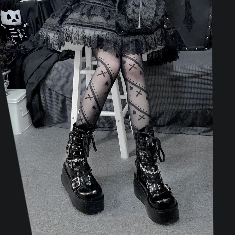 

Gothic Punk Patent Leather Mid Calf Platform Boots Women Black White Chunky Heel Lace Up Buckle Strap Chain Cross Decor Shoes