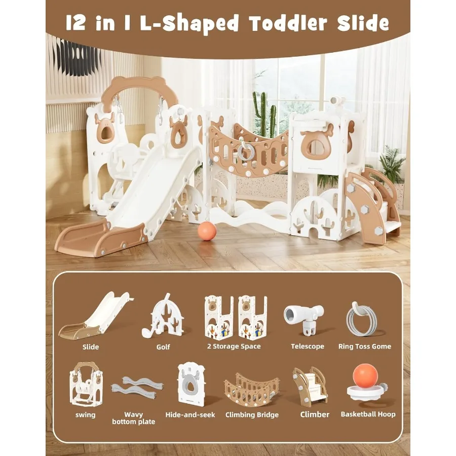 Ensemble toboggan et balançoire pour tout-petits 12 en 1, pour tout-petits de 1 ans et plus, ensemble de jeu d'extérieur, nouvelle mise à niveau avec ensemble de golf, cerceau de basket-ball D