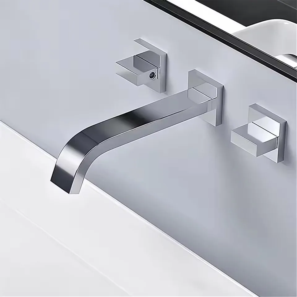 

Double Handles Wall Mounted Solid Brass Basin Vessel Sink Faucet Square Plate Spout Waterfall Bath Tub Waterfall Faucet