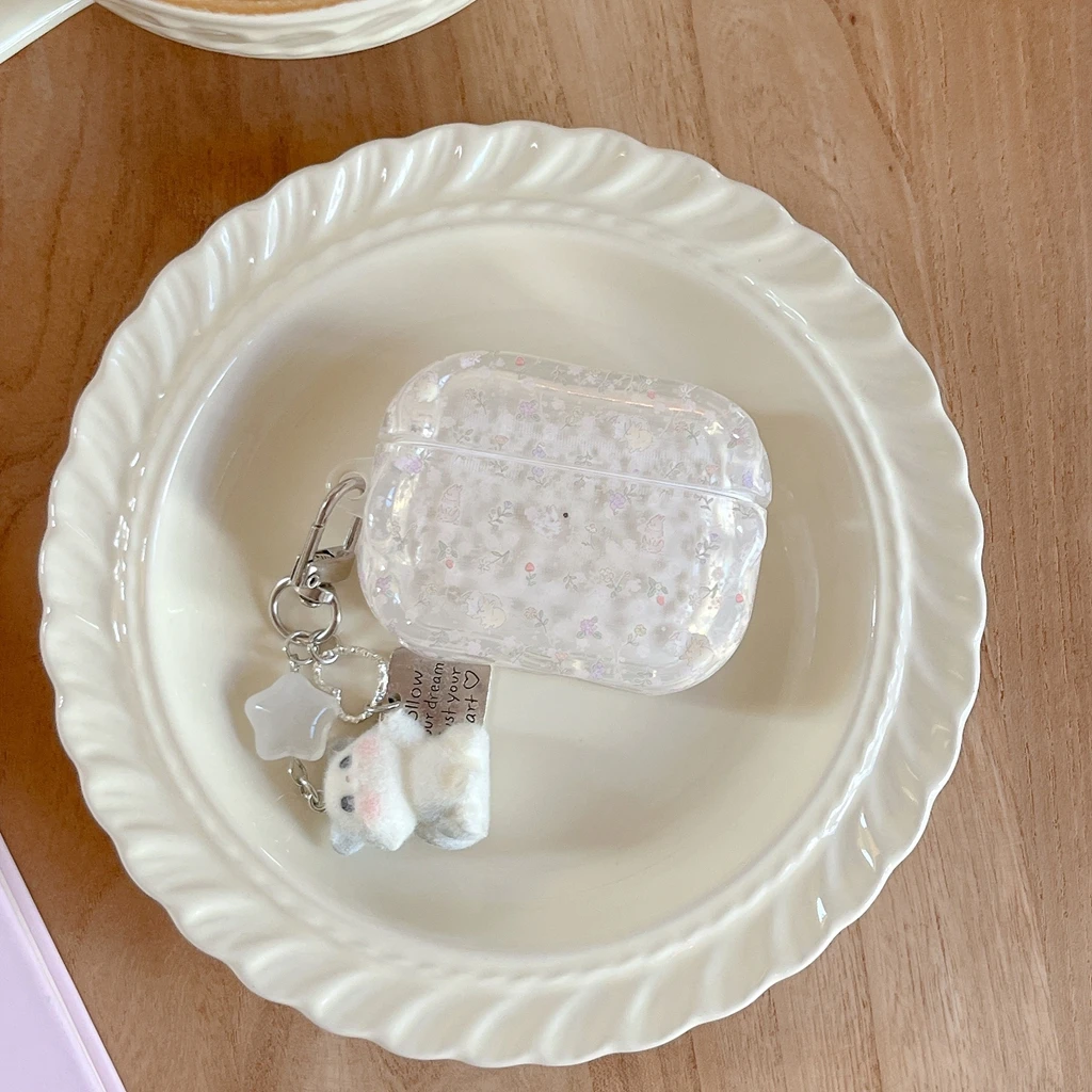 Cartoon Healing Sweet Fresh Little Flower Rabbit Wavy Edge With Pendant Earphone Case Cover for AirPods 1 or 2 3 4 Pro 2 Pro 3 - view 5