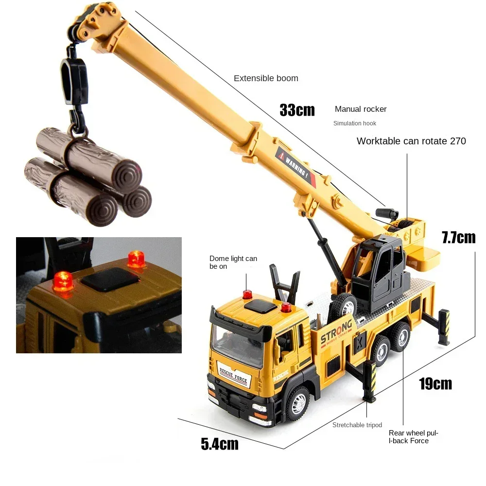 1/32 합금 크레인 모델 사운드 라이트 효과 어린이 장난감 풀백 트럭 건설 크레인 관성 자동차 차량 장난감 어린이 선물