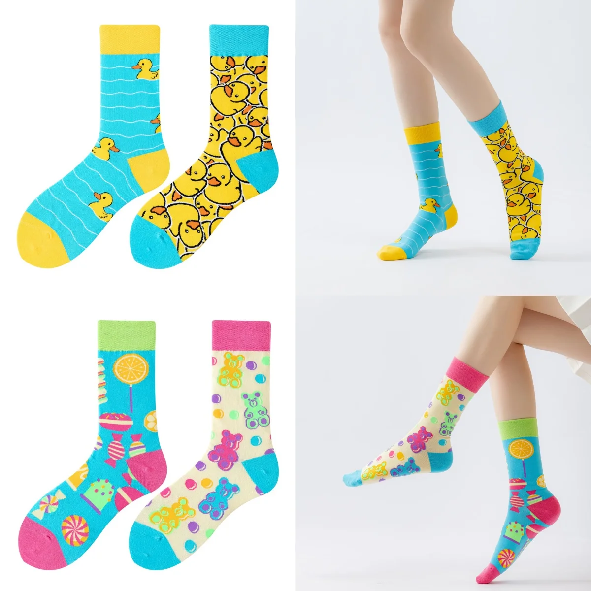1 Pair / 2 Pairs Cartoon Cute Multicolored Little Bears & Ducklings, Fashionable AB Pattern, Unisex Mid-Calf Socks