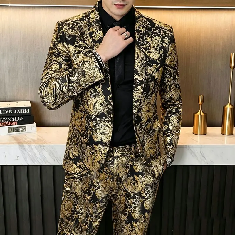Herrenanzüge, modische Anzüge für Hochzeiten, lässige Slim-Fit-Anzüge, Friseuranzüge, Herrenanzüge im koreanischen Stil, Anzüge für Bankette, Business-Anzüge, Goldprägung, Anzüge – Detail 13