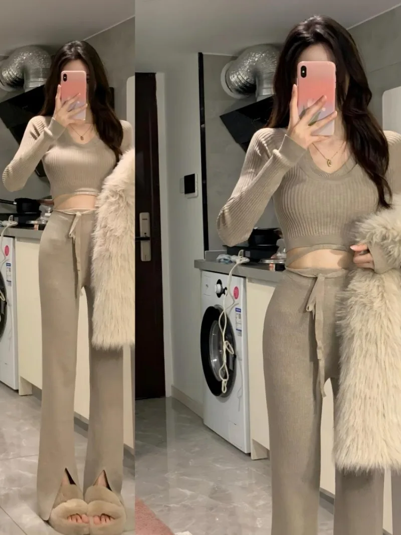 Miiiix Early Autumn Spicy Girl Fashion Small Fragrant Style V-neck Hoodie Women's Knitted Top Wide Leg Pants Two Piece Set