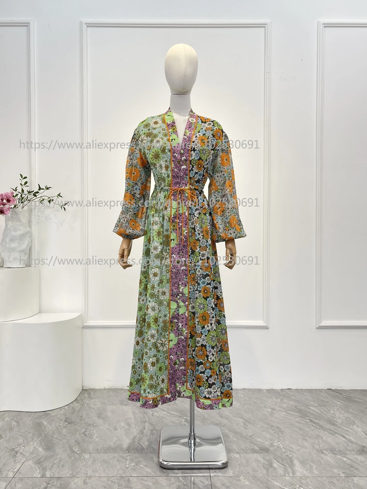 

Green Orange Blossom Floral Print Splicing Long Sleeve Midi Dress 2026 New
