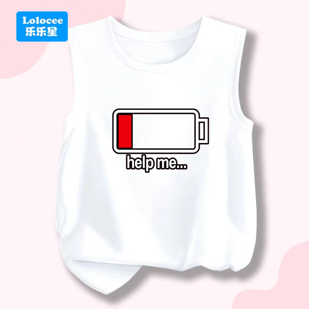 Girls Summer Cotton Tank Top Funny Battery Print Sleeveless Breathable Sports Kids Vest
