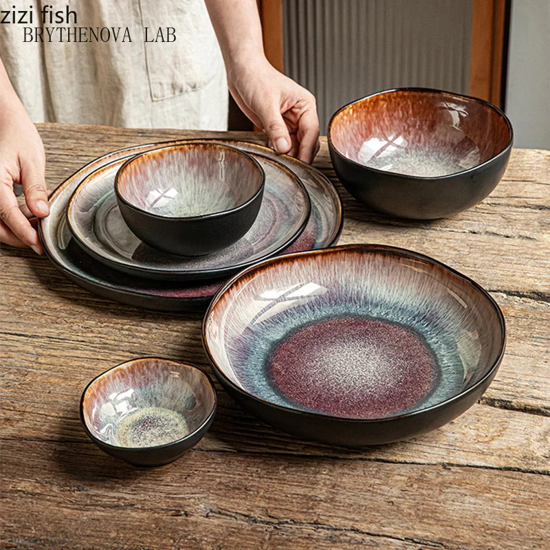 Flame-Killed Irregular Ceramic Plate Restaurant Salad Bowl Dessert Pasta Bowl Plate Steak Molecular Cuisine Tableware