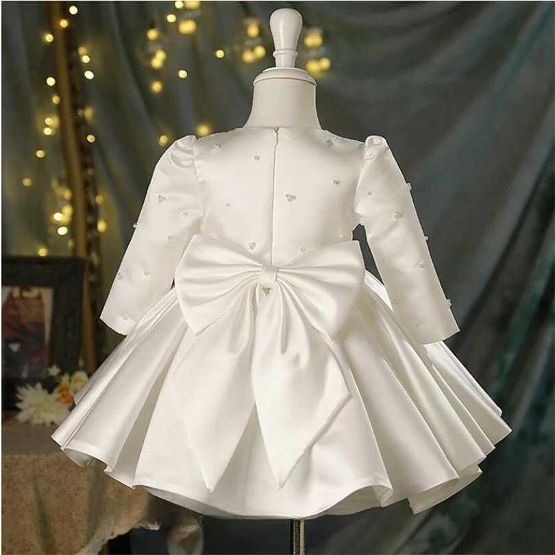 1st Birthday Dress For Baby Girl Pearl Long Sleeve Baby Baptism Dress Bow Tutu Princess Girls Dress For Party And Wedding Gowns