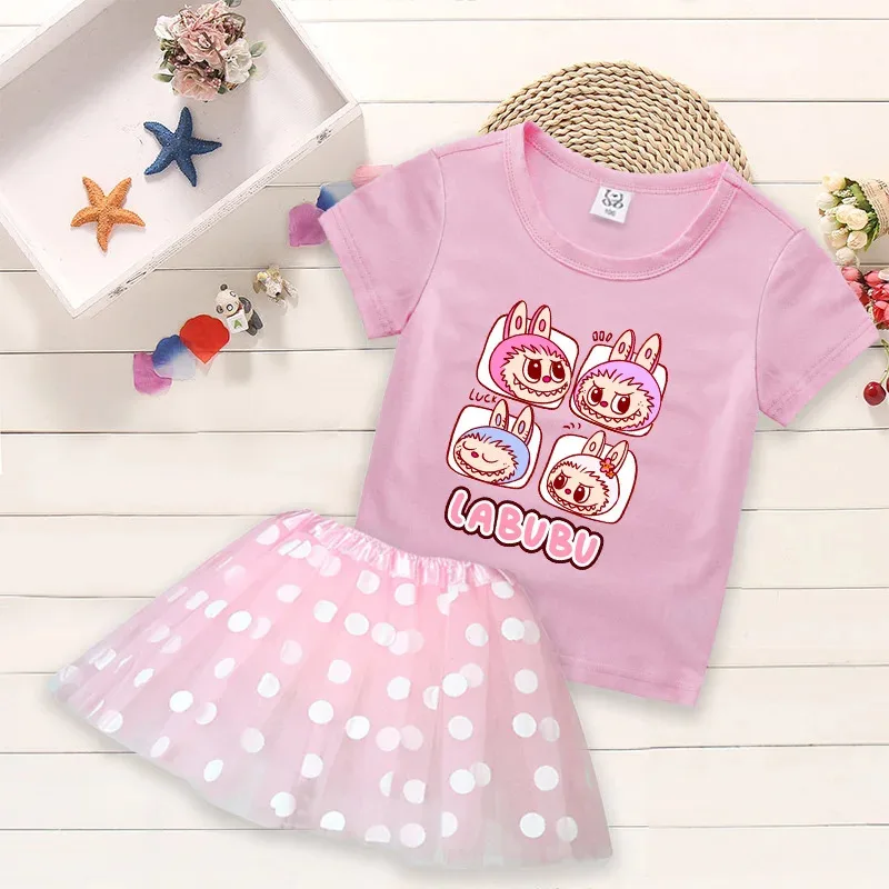 Labubu فتاة تي شيرت العباءات مجموعة الملابس 2 قطعة مجموعة طفل لطيف أنيمي القمم الأميرة تنورة الزي Y2K الاتجاه الشارع kawaii زي الملابس