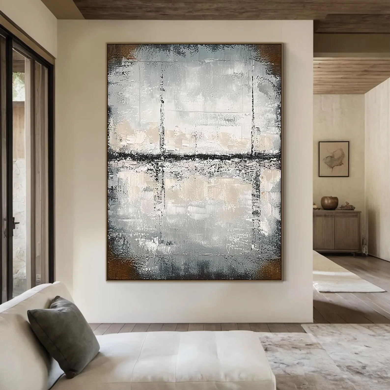Mhemyo Large Off-white Abstract Hand Painted Oil Painting on Canvas Minimalist Wabi-sabi Wall Art Modern Textured Art Home Decor
