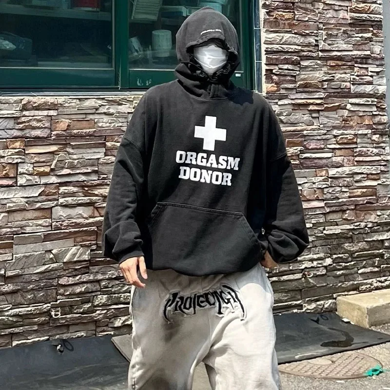 

Grailz Korean version cross-stitch printed, washed and distressed casual loose-fitting hooded pullover hoodie Project G/R