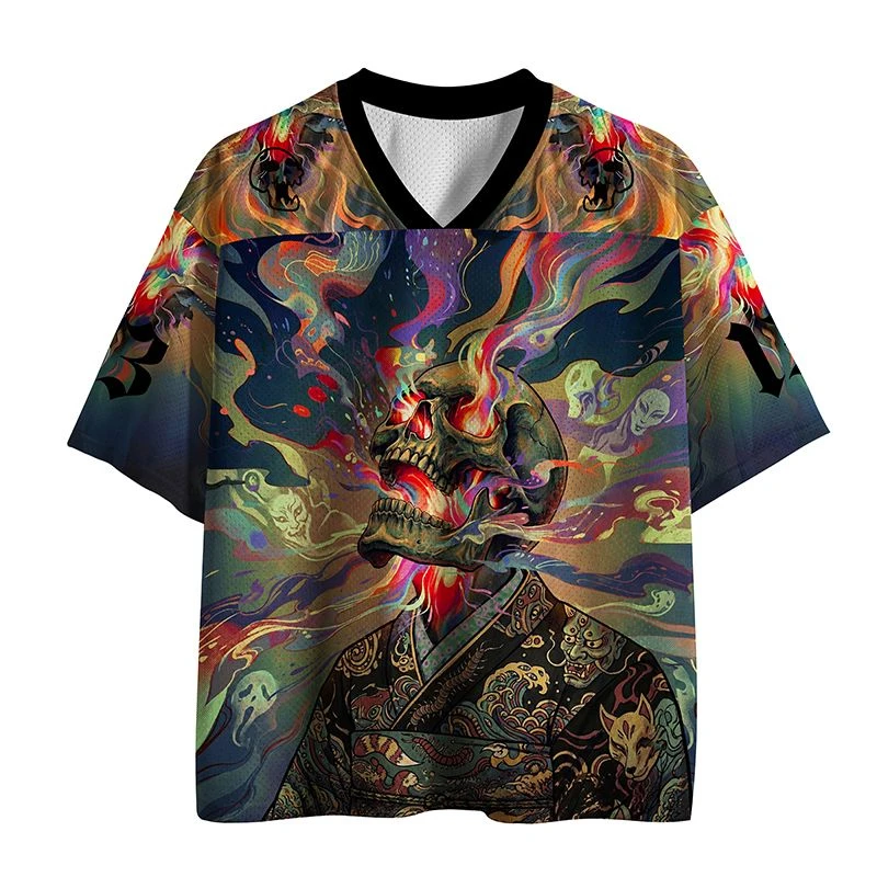 Psychedelic Skull and Ghost Print T-shirt, Colorful Smoke and Oriental Demon Warrior Pattern T-shirt, Hip-hop Streetwear Top