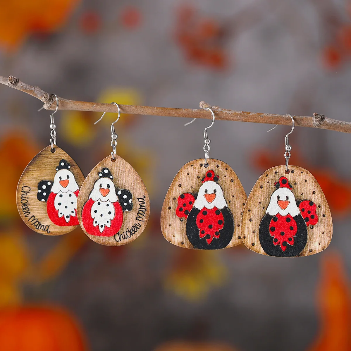 Thanksgiving Day Series Earrings New Western Style Farm Hens Wooden Double-sided Pendant Earrings Jewelry Presents