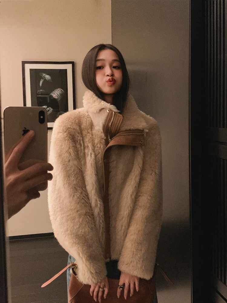 

Thiened Lamb Fur Coat Women's ZM Zhou Mi Tuoka eepskin Jaet Warm Plu Inteated Coat Korean Sle Long Sve Coat