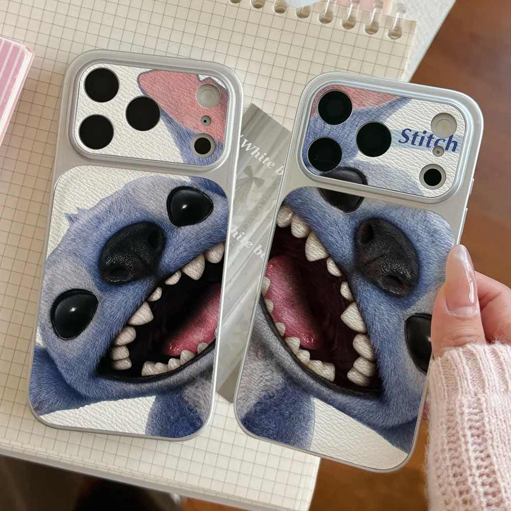 

Disney Lilo Stitch Couples Phone Case For IPhone 17 16 15 14 Electroplated Leather Shockproof Phone Accessories 13 12 11 Casing
