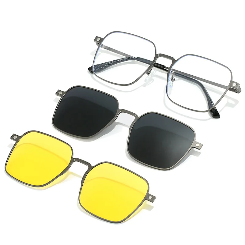 3 In 1 Metal Style Magnet Clip On Glasses Frame Trend Polarized Sunglasses For Men Optical Computer Glasses Night Vision Clips