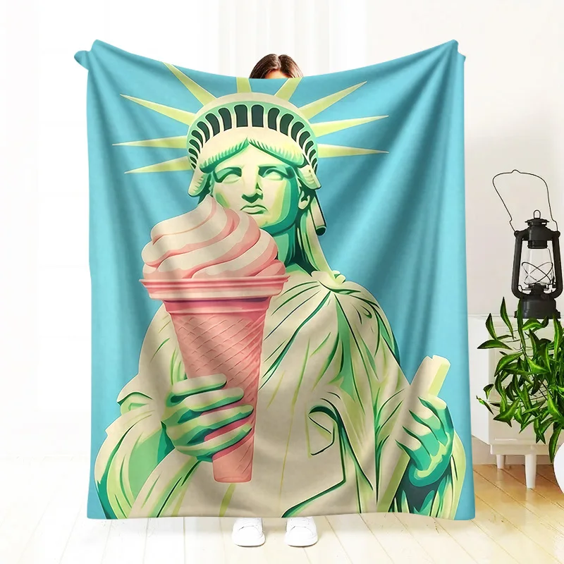 1pc 2025 New Retro Blanket with Lady Liberty Ice Cream Print - Warm, Soft, and Cozy for Sofa Bed Car Office Camping, Travel