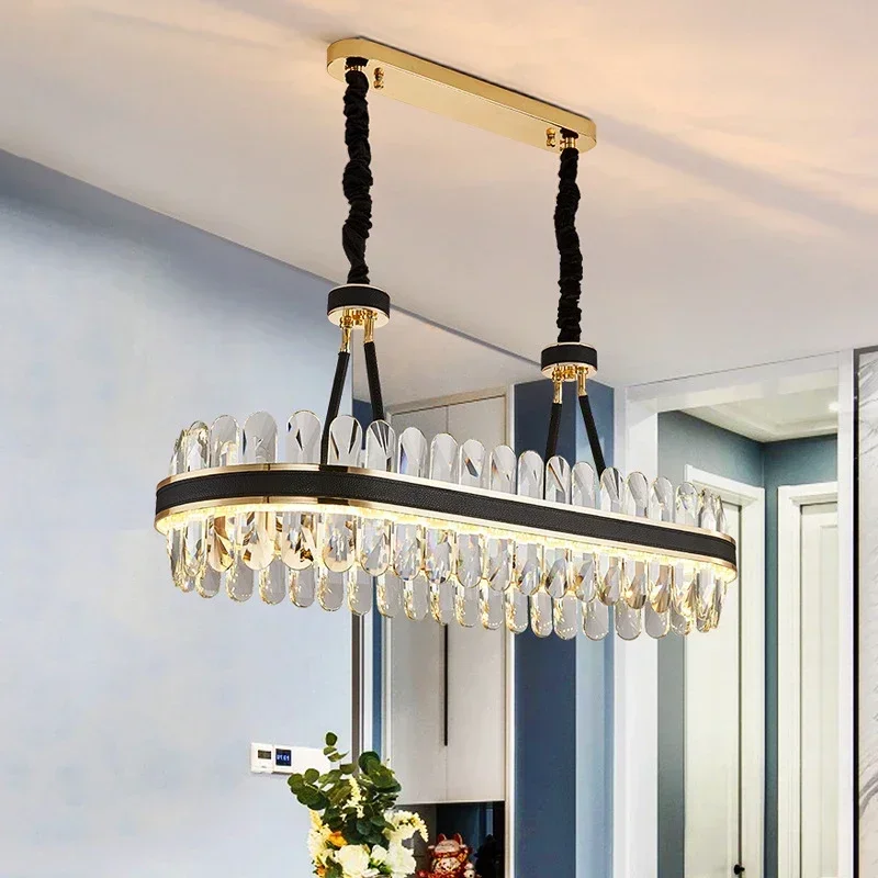 

Modern LED Kitchen Chandelier Rectangular Crystal Chandelier Modern Designer Creative Leather Dining Room Lamp