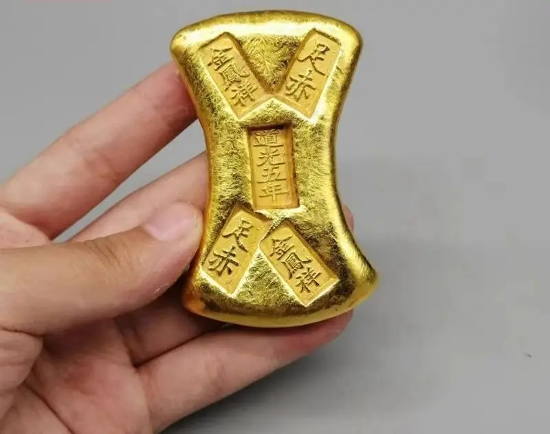 Gold ingot, gold yuanbao, Guangxu 7th year copper-gilt gold block, antique collectibles, film and TV props