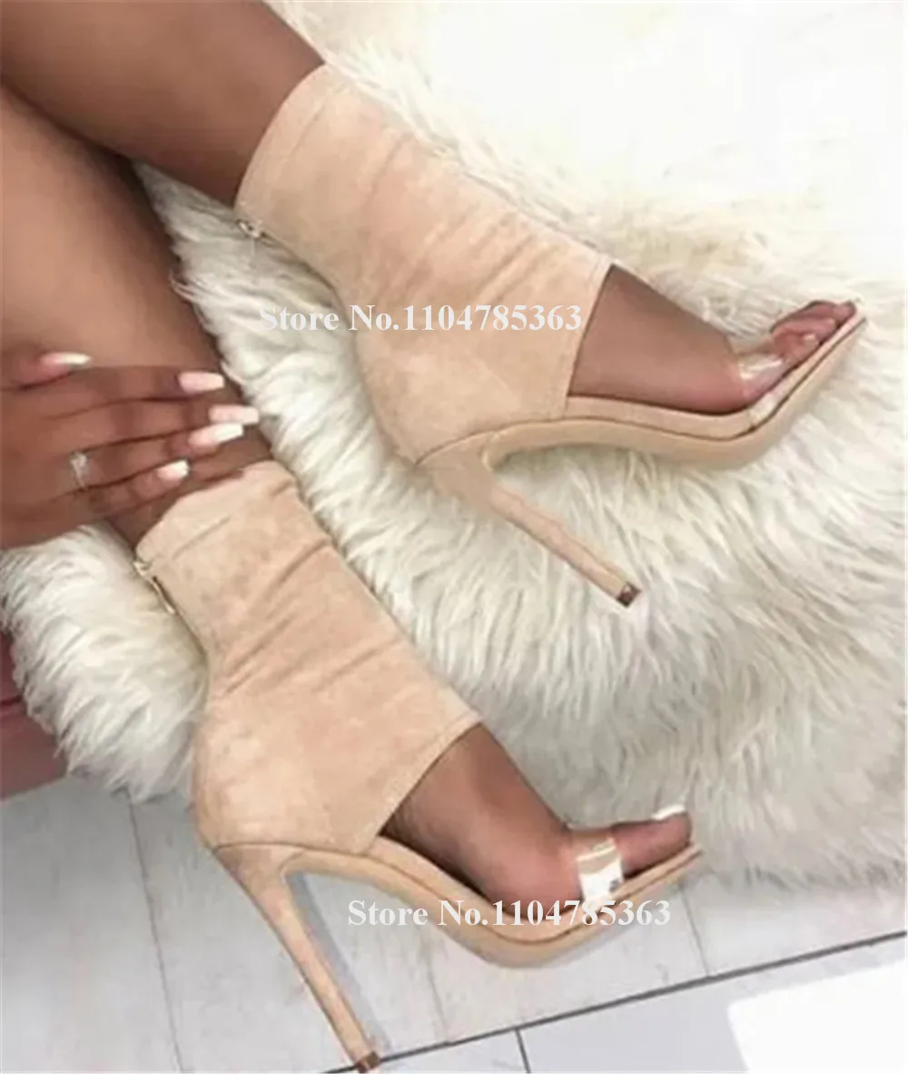 Clear PVC Straps Patchwork Suede Stiletto Heel Gladiator Short Boots Open Toe Blue Yellow Beige Ankle Wrap Thin Heel Ankle Boots