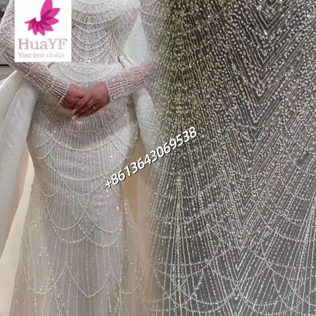 

Hot White French Lace With Beads And Pearls For Bridal Dress Wedding Fabric HY2206