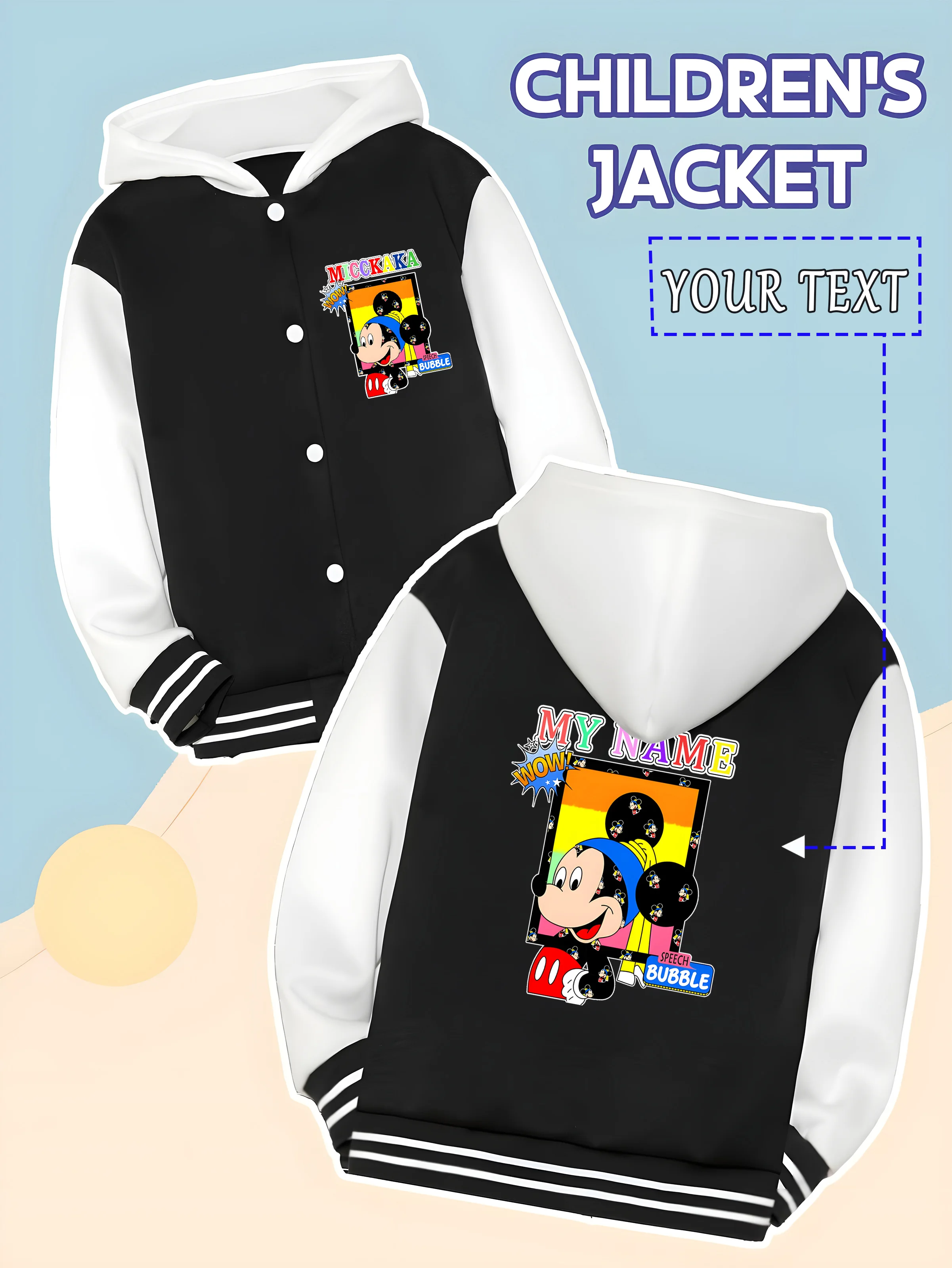 

MINISO Disney's trendy Mickey Mouse boys' baseball jacket - A dazzling Mickey Mouse cartoon-inspired design, "My Name" creates a