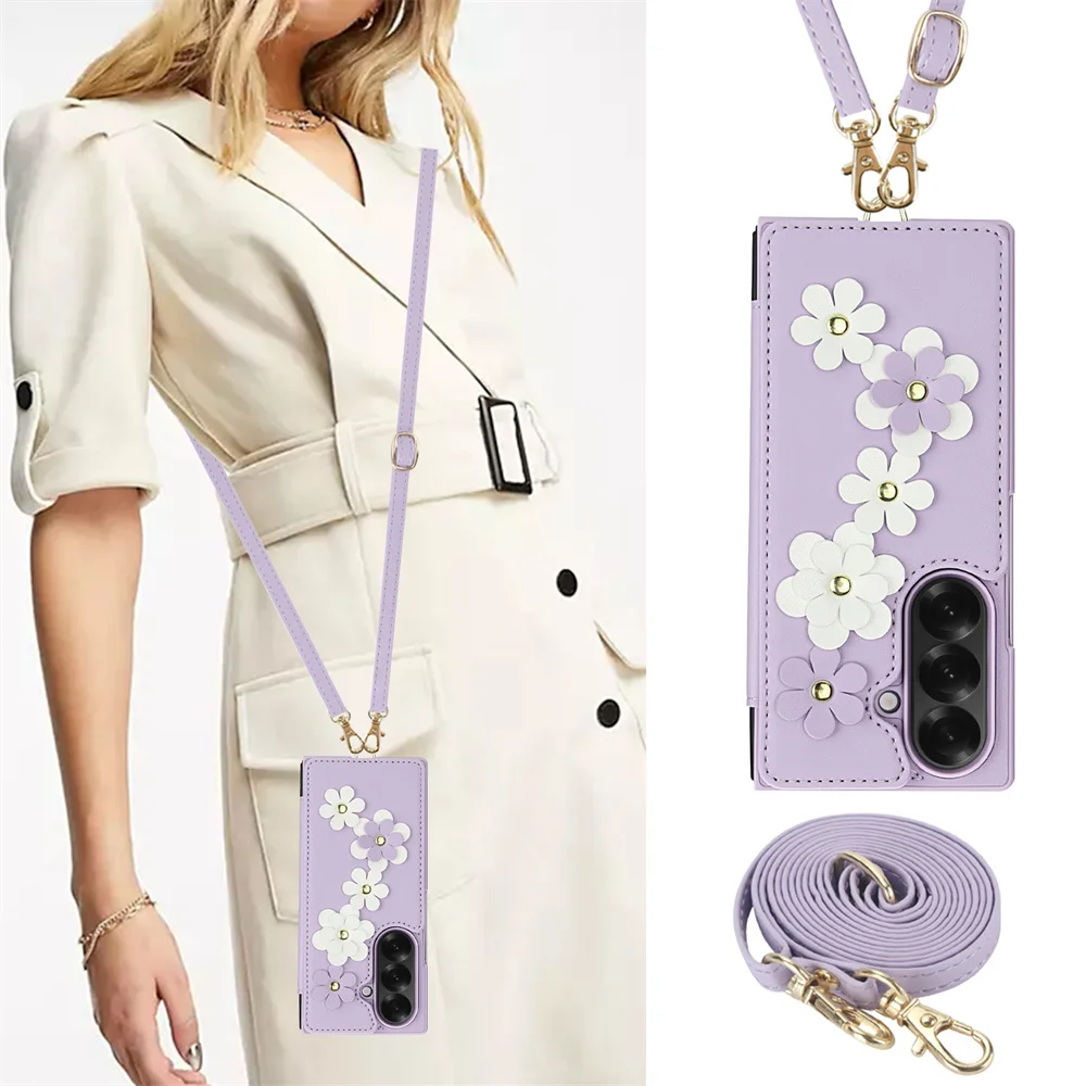 Casing Ponsel Dompet untuk Samsung Galaxy Z Lipat 7 6 5 4 Penutup Saku Kartu Kulit PU dengan Tali Leher Gelang Tangan Biji Leci Retro