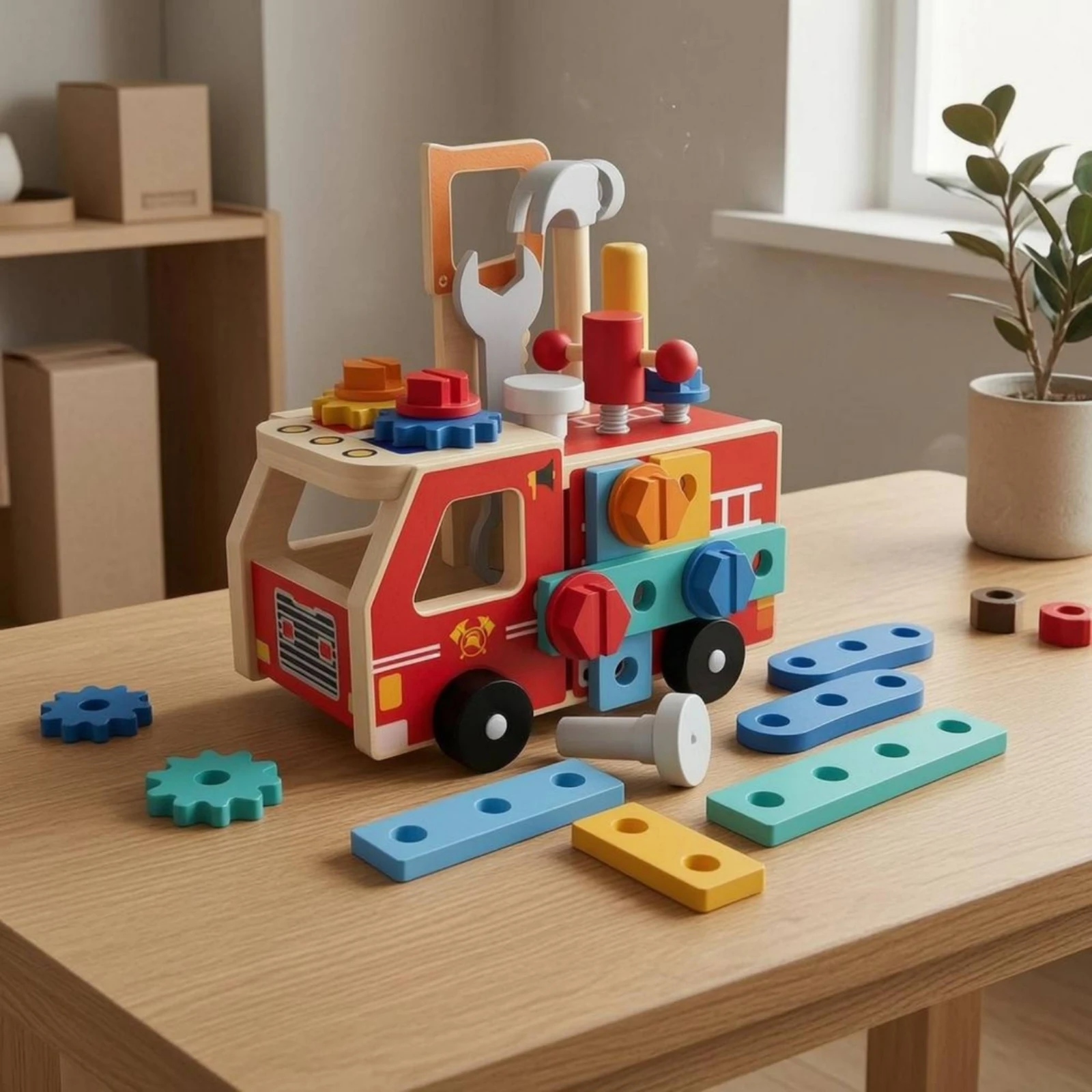Wooden Assembly Fire Truck Interactive Play Screw-on Building Truck Wooden Fire Engine Toy Problem-Solving