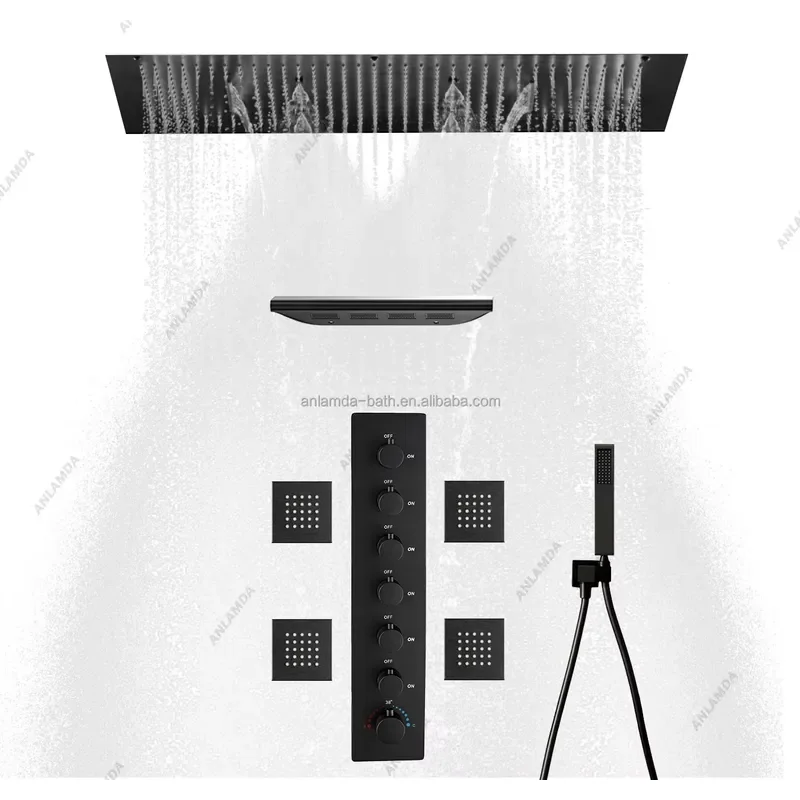 6 Ways Ceiling Shower Head Thermostatic Shower System Matte Black High Water Flow Shower Faucet Set with Body Jets
