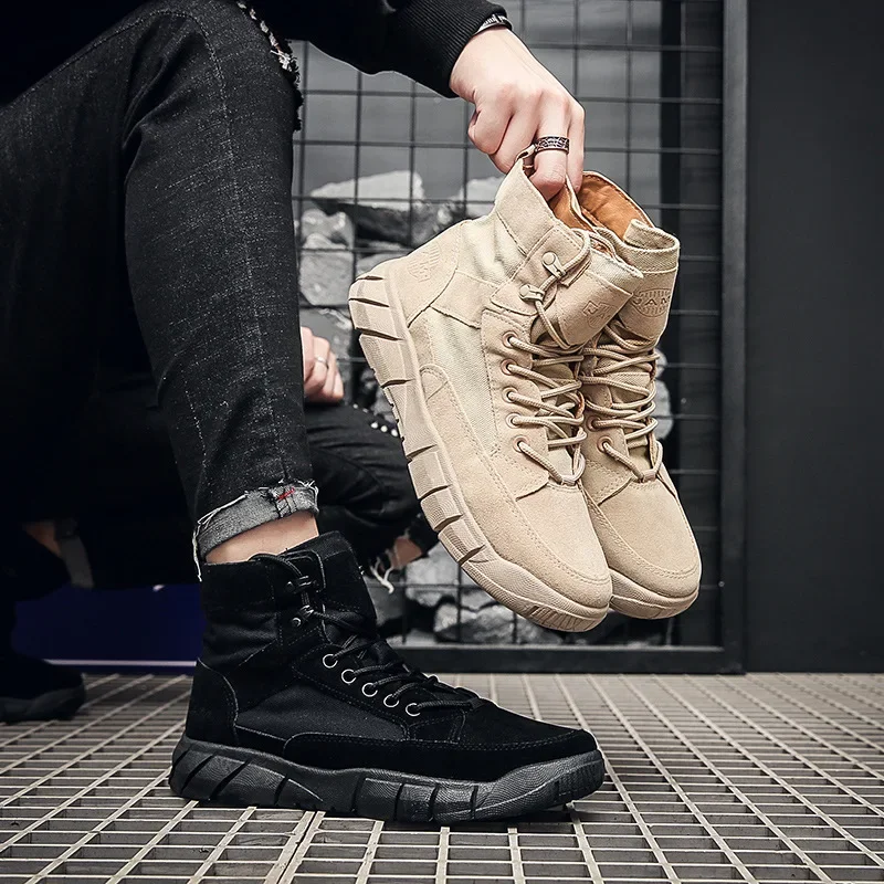 Mannen Combat Boots Zomer Ademende Comfortabele Canvas Heren Enkellaarzen Casual Lichtgewicht Outdoor Jogging Platform Mesh Laarzen