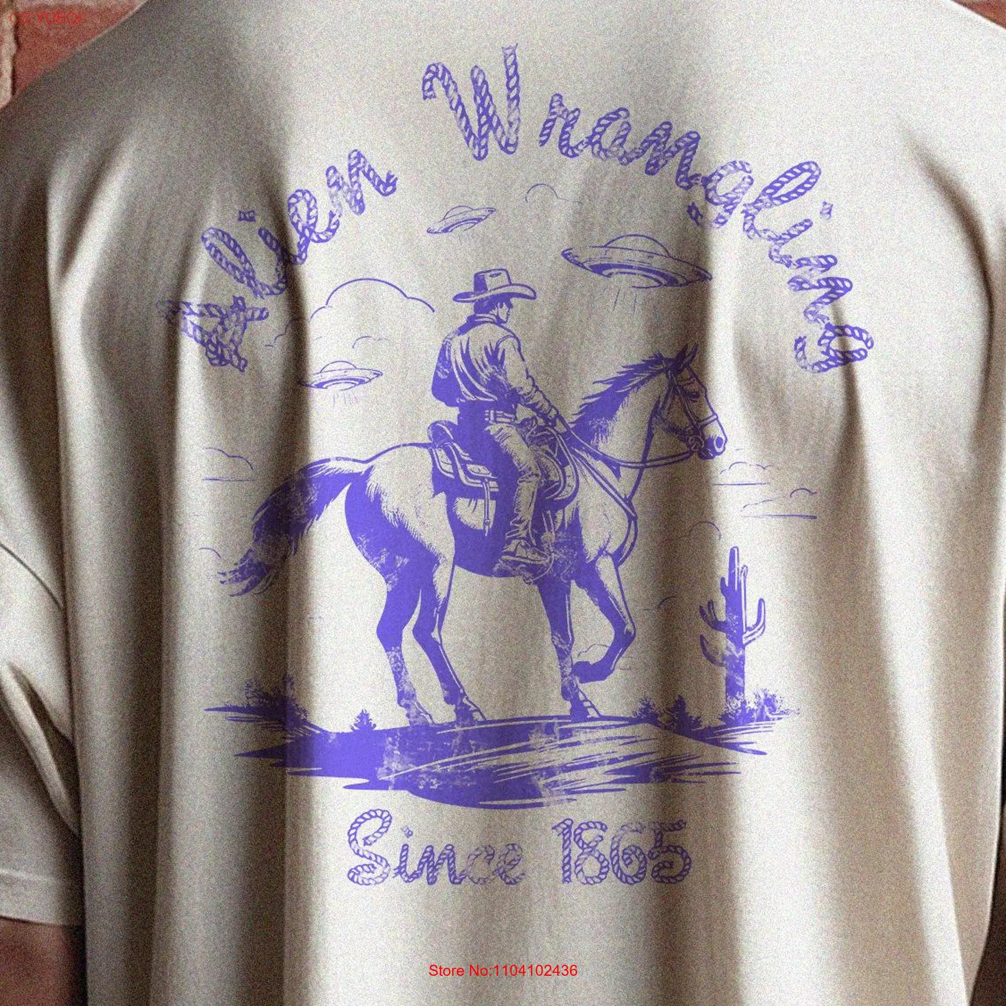 Alien Wrangling Since 1865 T Shirt sci fi Full Back Illustrated western cowboy cowgirl lover horse animal loving ranch farm