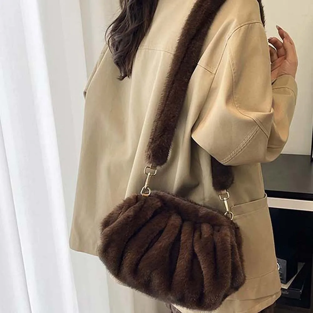 

Large Capacity Furry Pleated Shoulder Bag Lightweight Furry Cloud Crossbody Bag Solid Color Polyester Mink Fur Wrinkle Handbag