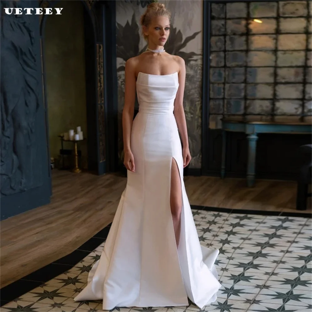 

UETEEY Customized Flowers Sleeveless Strapless Crepe Mermaid Wedding Dress Zipper Back High Slit Court Train vestidos de novia