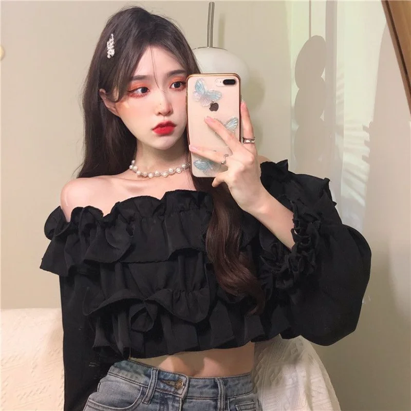 Slash Neck Blouses Women Crop Tops Temper Ruffles Solid All-match Fashion French Style Soft Casual Spring Chic Streetwear Simple