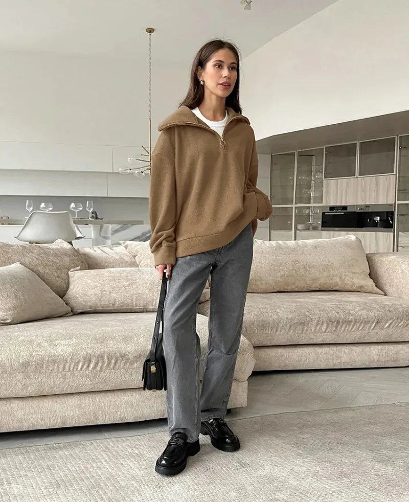 2025 autumn/winter lazy style knitted lamb cashmere beige loose casual hoodie cross-border versatile lapel sports women's top