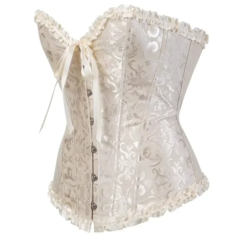 Vintage Corset Gothic Overbust Satin Jacquard Corsets Floral Lace Tops For Women Sexy Bustiers And Corsets