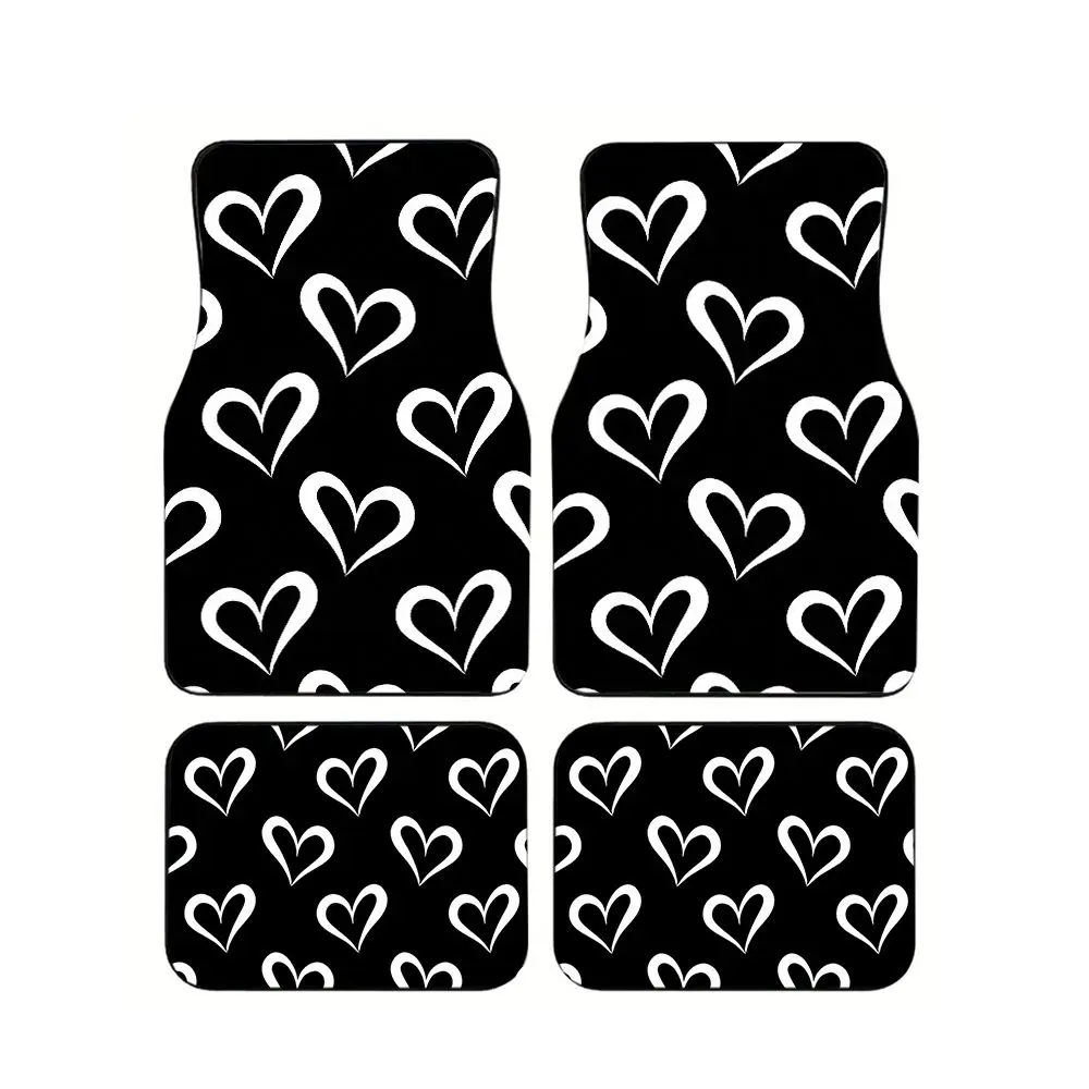 Universal Car Floor Mats Black White Heart Pattern Auto Carpet Interior Accessories Non Slip Foot Pads For Sedan SUV 4pcs Set
