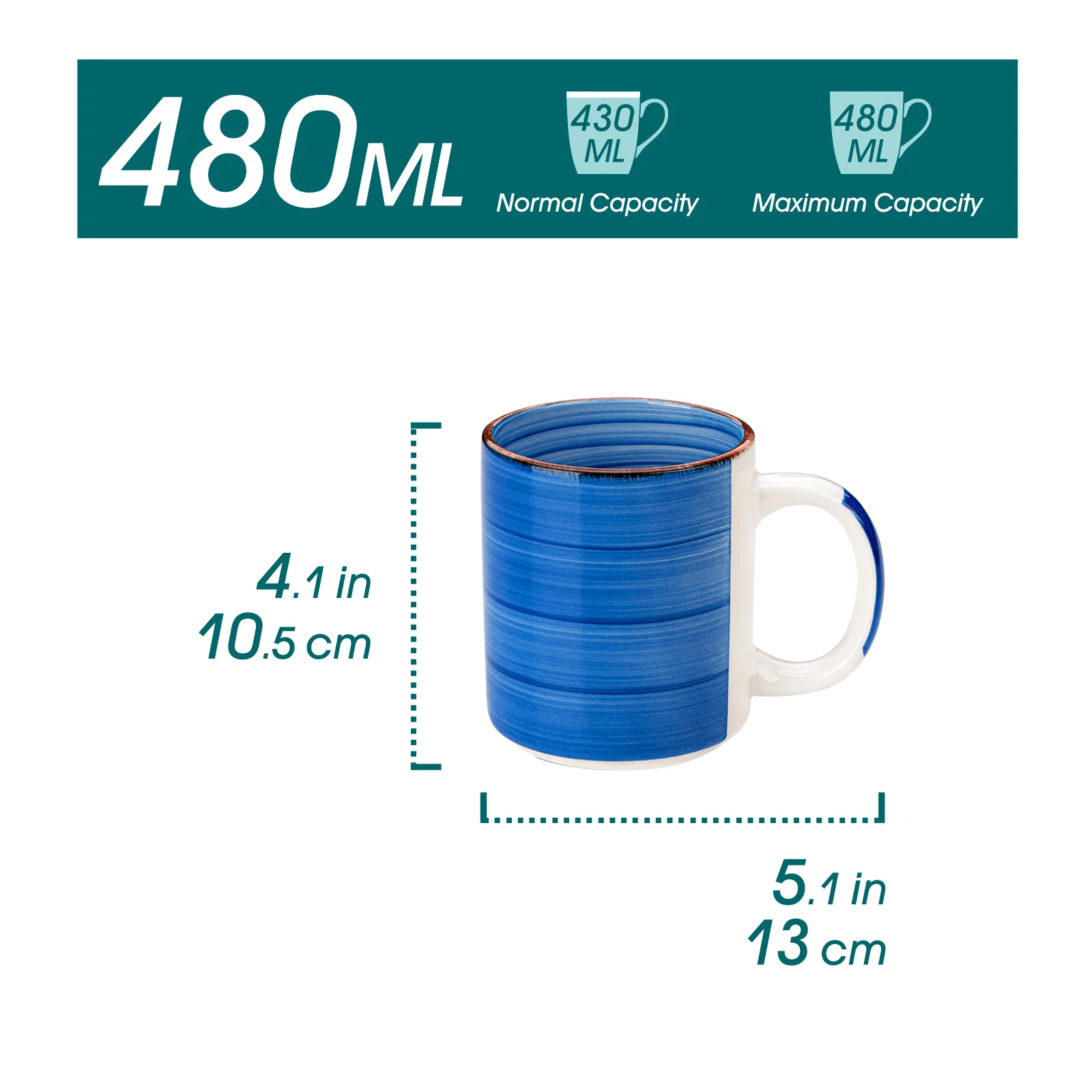 vancasso 6 Piece Mix-Blue 480ml Ceremic Mug Coffee Cup Set Handpainted Spirals Drinkware Tea Cup Set Service for 6 Person