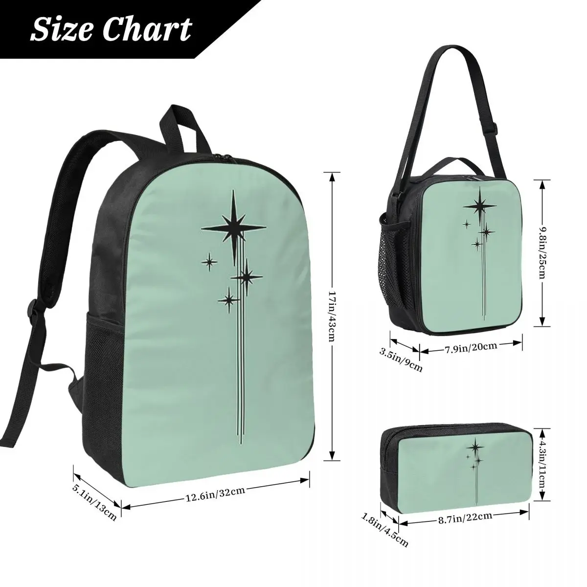 1950s Atomic Age Retro Starburst In Mint Green And Black Backpack BookBag School Bag 3ps Insulated Lunch Bag Pencil Case
