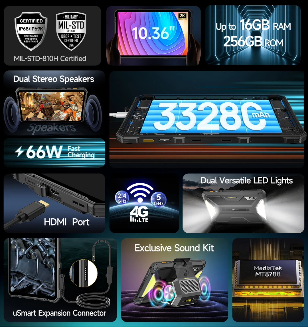 Ulefone Armor Pad 3 Pro Rugged Tablet 33280 mAh MediaTek MT8788 16GB RAM(8+8) 256GB ROM 50MP 10.36"2K Android