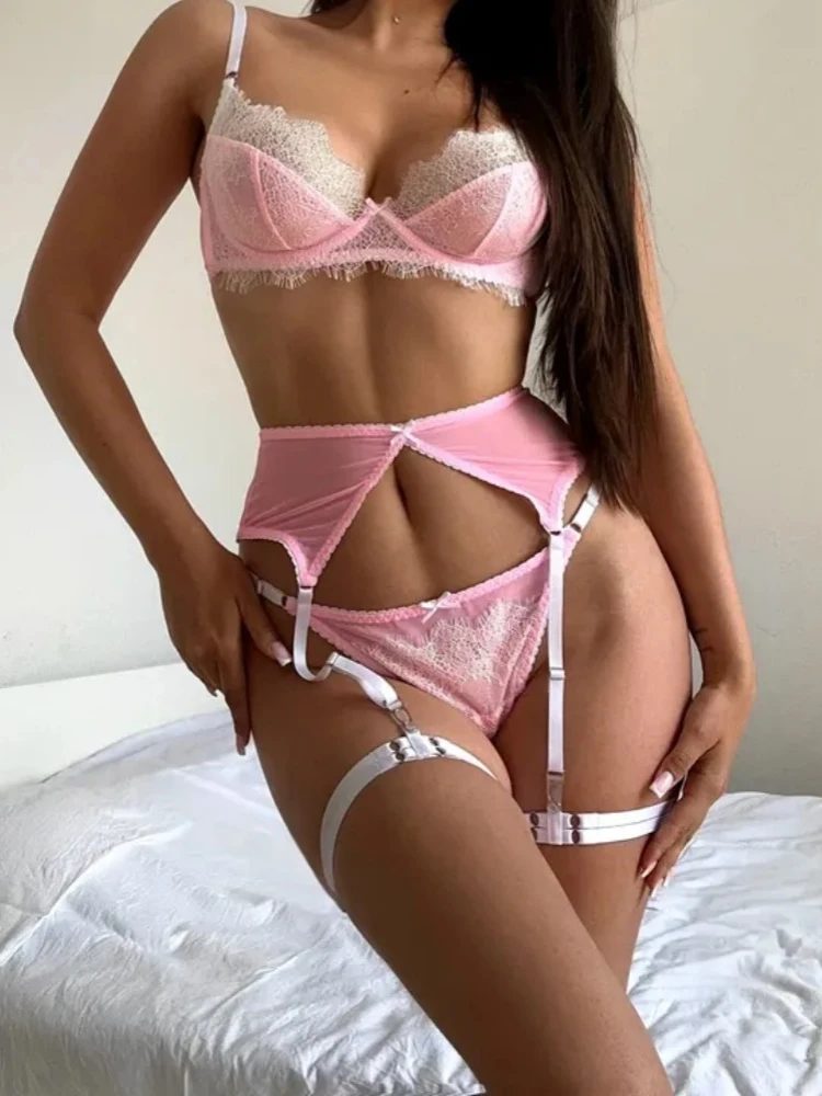 Belamimi Women 4Pcs Lace Lingerie French Hollow Sheer Perspective Outfit Slim Shaping Transparent Sensual Lingerie Sleepwear Set