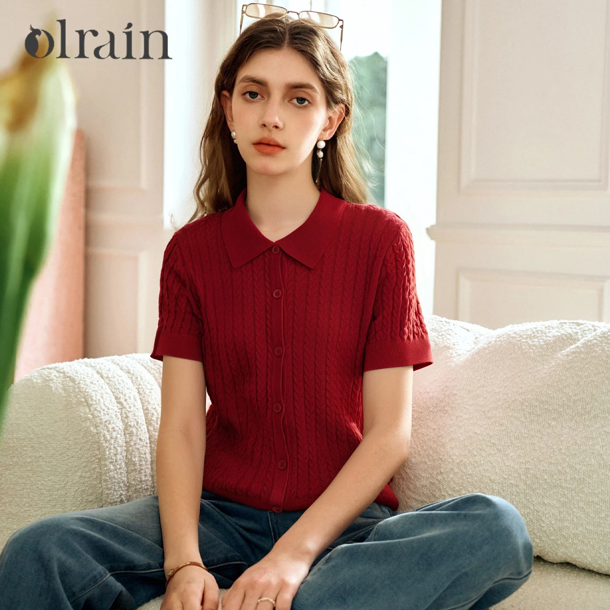 

OLrain Summmer Red Pullovers Office Ladies Woman 2026 Fashion Button Turn-down Collar Women Knit Tops Clothes Femmes O57XZ98655