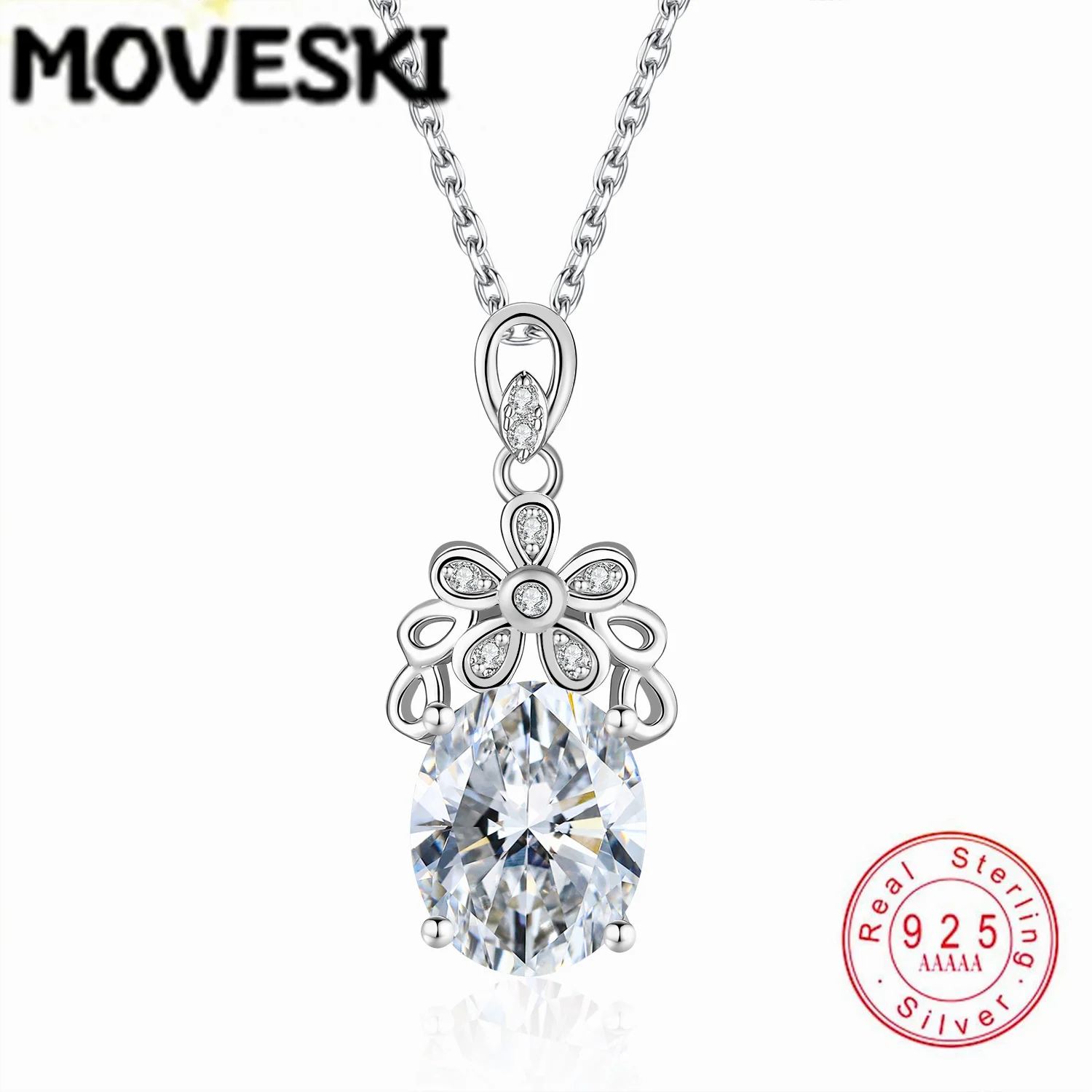 

MOVESKI 925 Sterling Silver 3CT Moissanite Flower Pendant Necklace for Women Oval Cut Drop Chain Fine Jewelry