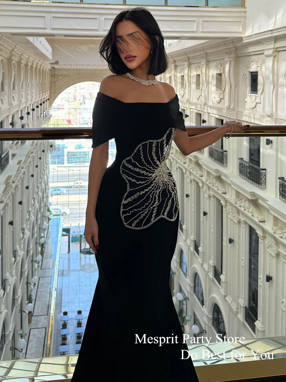 Black Prom Dress Customized Off Shoulder Boat Neck Beading Sequined Mermaid Party Gown Sweep Train Saudi Arabian Evening Dresses