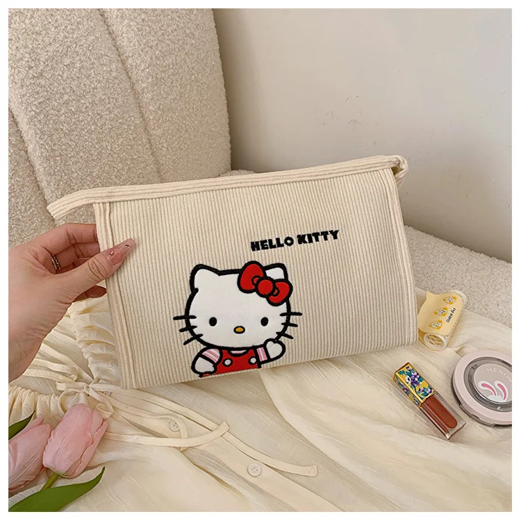 Sanrio Hello Kitty Corduroy Maquiagem Bolsa dos desenhos animados, Saco de Higiene Pessoal Feminino, Viagem Armazenamento Portátil, Maquiagem Bolsa