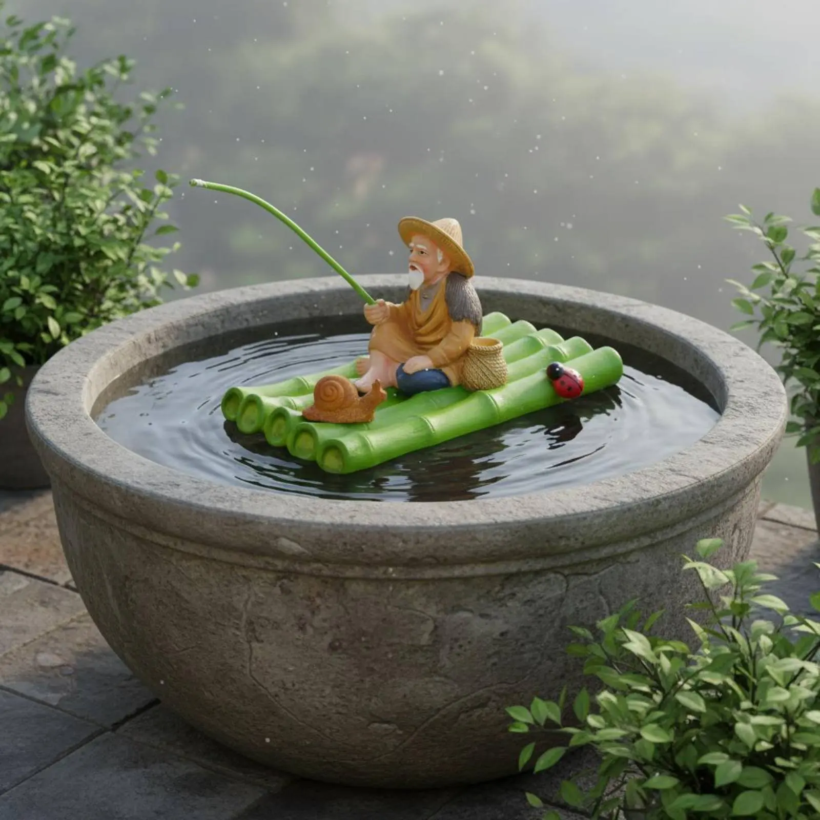 Buoyant Aquatic Dispenser Decoration Ancient & Design Old Man on Bamboo Raft Statue Aquatic Habitat Accessory Handmade Garden view 4
