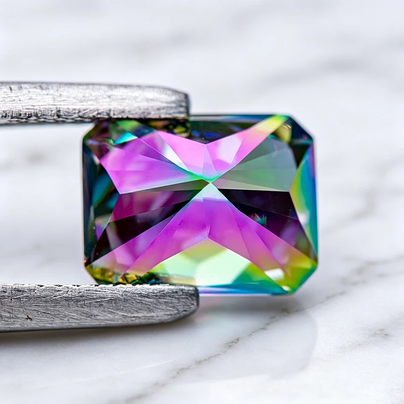 Moissanit-Stein im Radiant-Schliff, Regenbogengrün, Laborgezüchteter Edelstein für DIY-Charms und Schmuckherstellung, Besteht Diamanttester mit Zertifikat – Detail 6