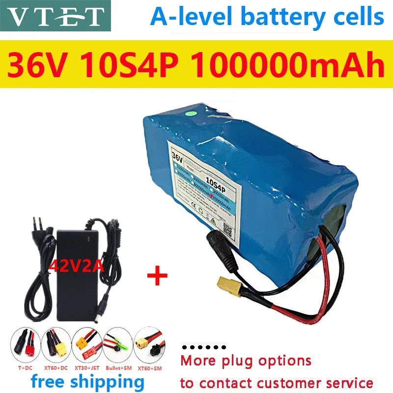 

New 36V 10S4P XT60 100Ah Battery Pack 1000W High Power Battery High Quality Battery 100000mAh E-bike BMS+42V2A Charger 18650DIY