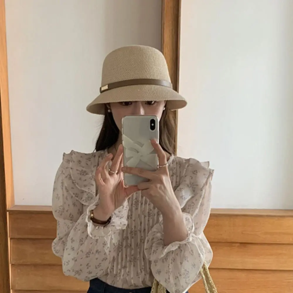 

PU Leather Belt Women Sunscreen Hats Wide Brim Elegant Summer Bucket Hats Breathable Sun Protection Outdoor Straw Hats Beach