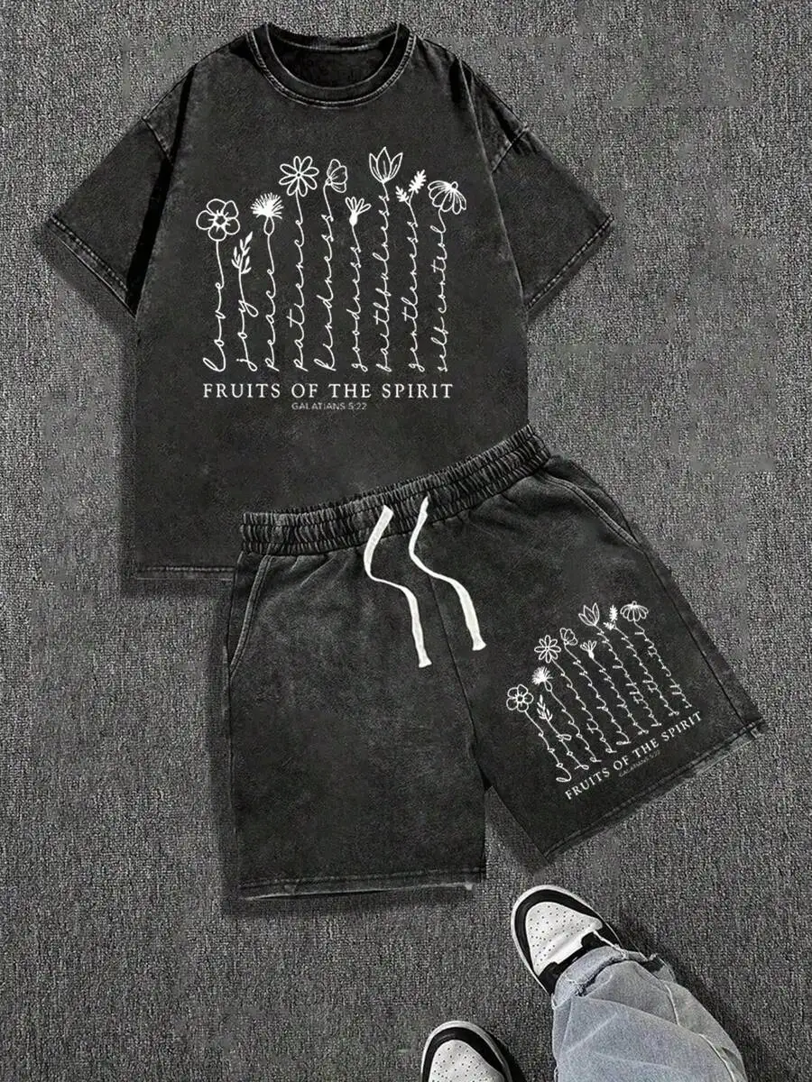 

Casual Washed Cotton Two Piece Set T-Shirt And Shorts With Floral Print